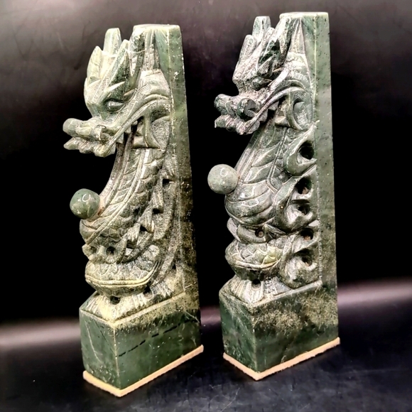 Vintage Pair Hand Carved Solid Genuine Green Jade Dragon Bookends - 10" Tall - Picture 14 of 15